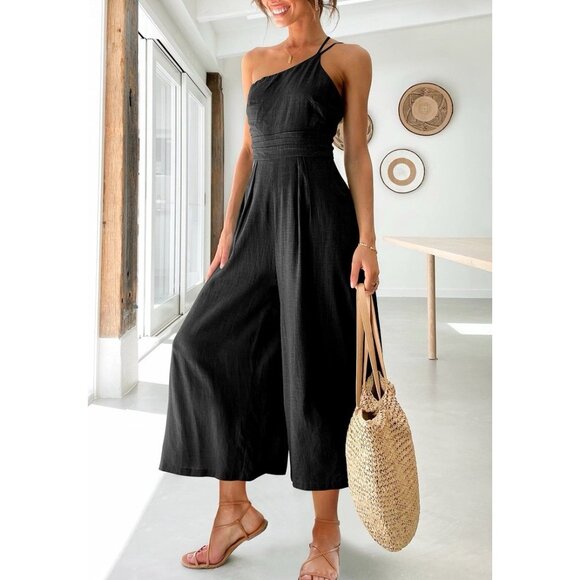 One Shoulder Linen Jumpsuit Romper‎ Large Wide Leg Vacation Tropical Cruise - Picture 2 of 12